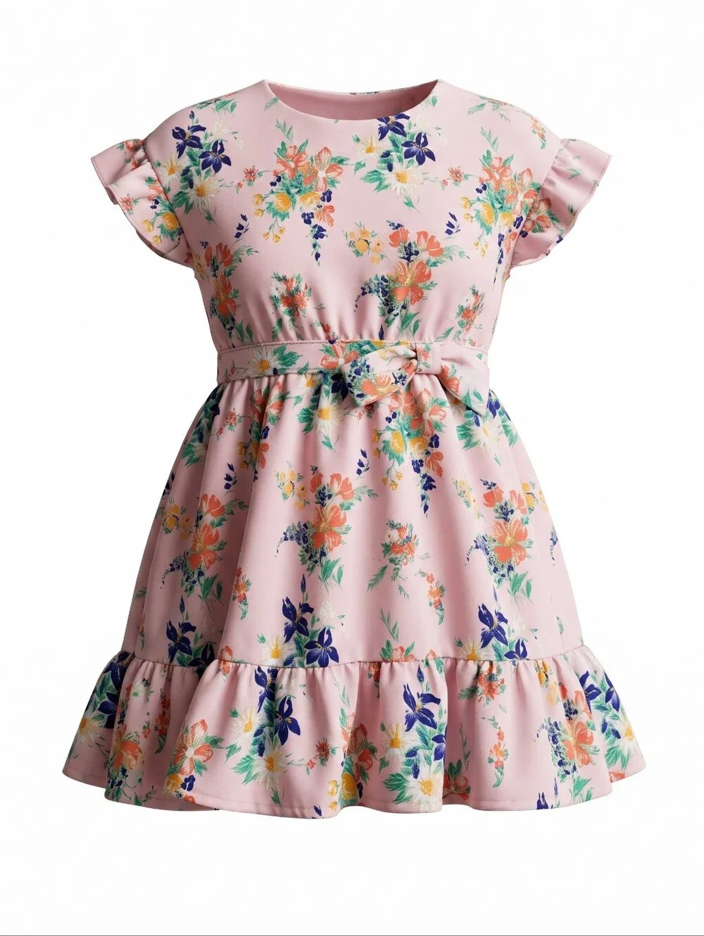 Janie and Jack Pink Floral Bow-Waist Ruffle Dress